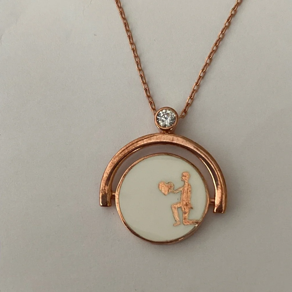 Bride groom reversible spinning 925 silver necklace cz stone and enamel